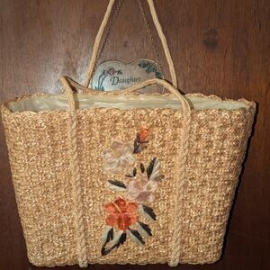 Vintage Straw Woven Embroidered Floral XXL Tote Bag Purse Waterproof Lined